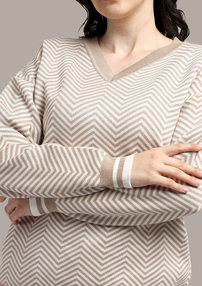 Beige & White Top And  Joggers Two- Piece Knitted Set