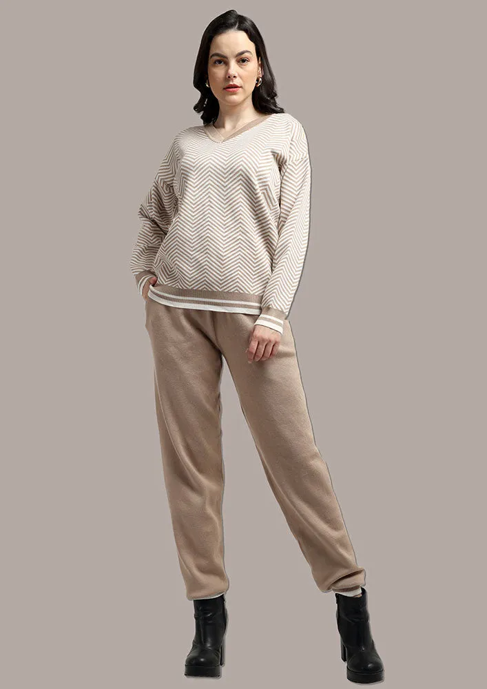 Beige & White Top And  Joggers Two- Piece Knitted Set