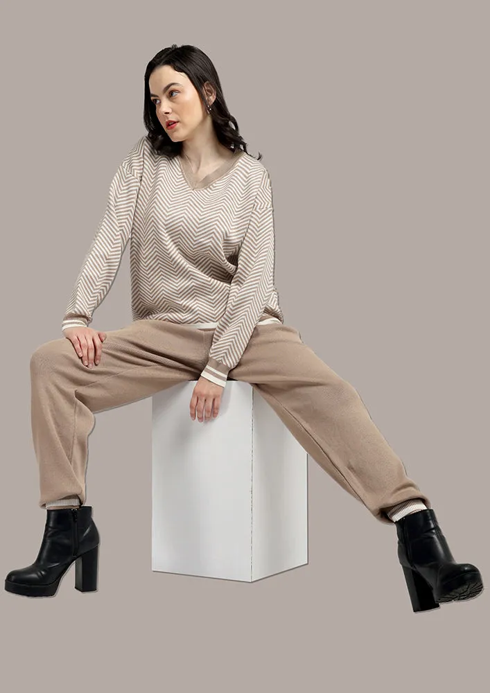 Beige & White Top And  Joggers Two- Piece Knitted Set