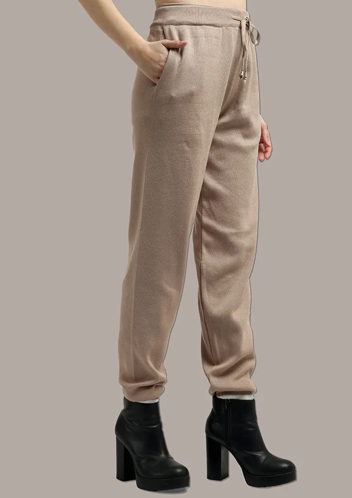 Beige & White Top And  Joggers Two- Piece Knitted Set