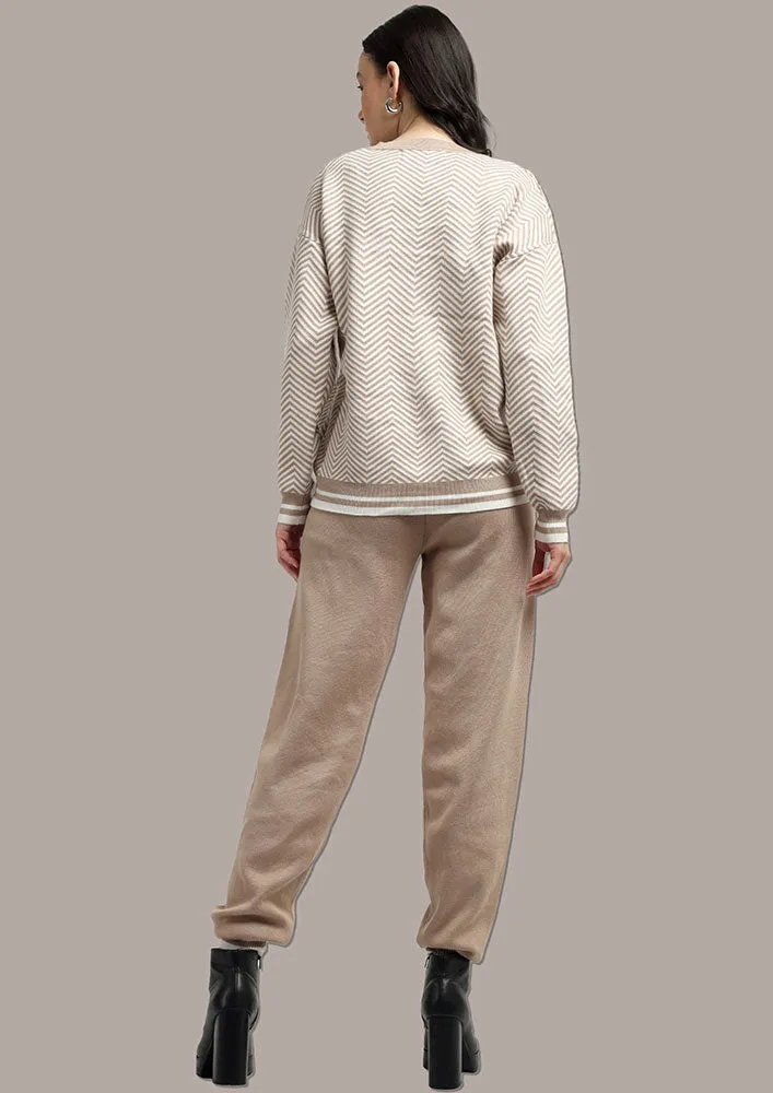 Beige & White Top And  Joggers Two- Piece Knitted Set