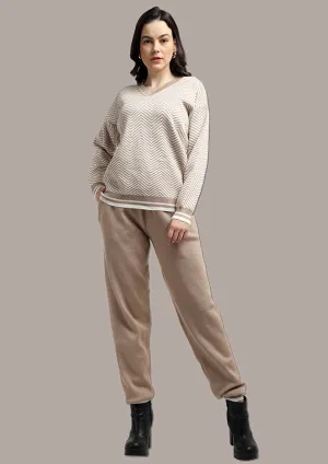 Beige & White Top And  Joggers Two- Piece Knitted Set