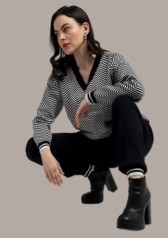 Black & White Top And  Joggers Two- Piece Knitted Set