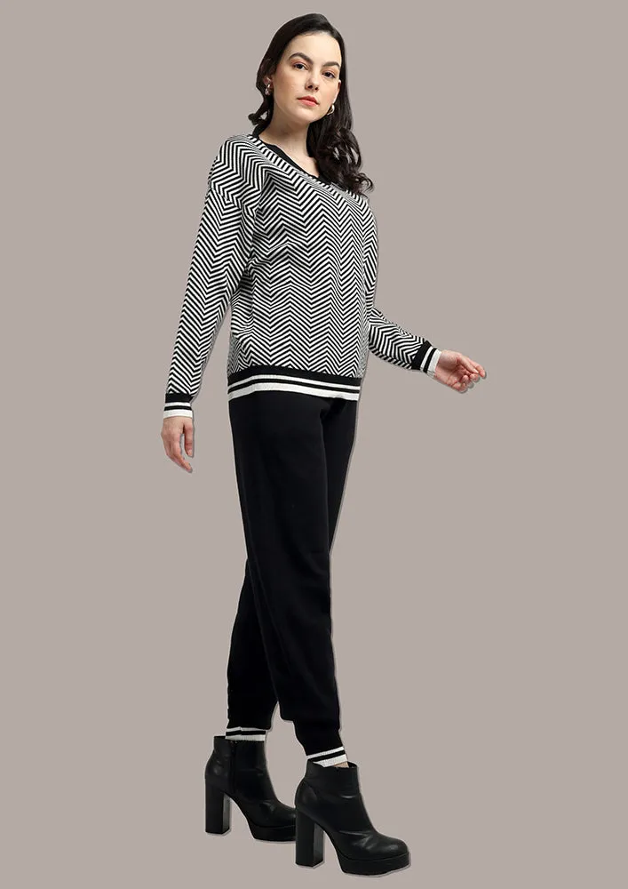 Black & White Top And  Joggers Two- Piece Knitted Set