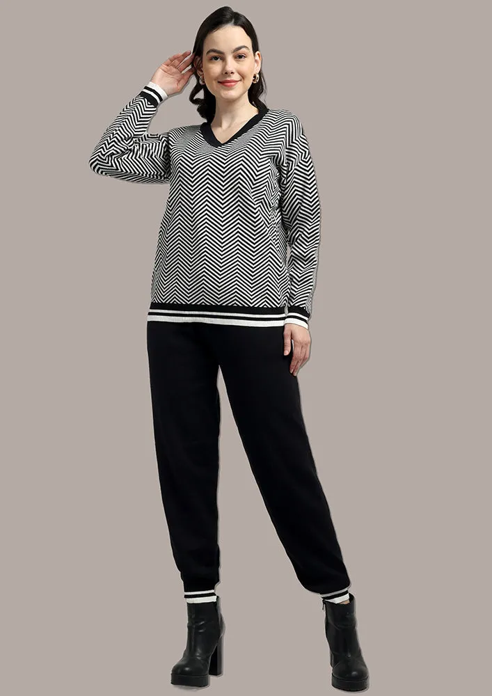Black & White Top And  Joggers Two- Piece Knitted Set
