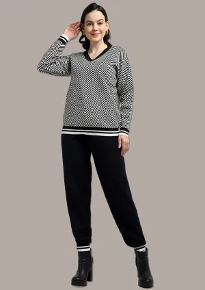 Black & White Top And  Joggers Two- Piece Knitted Set