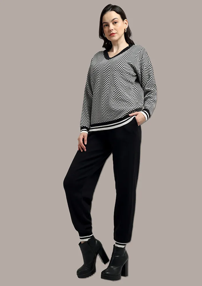 Black & White Top And  Joggers Two- Piece Knitted Set