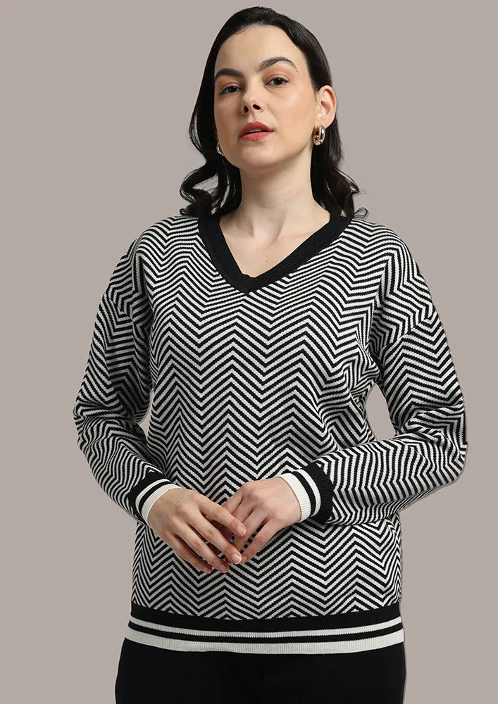 Black & White Top And  Joggers Two- Piece Knitted Set