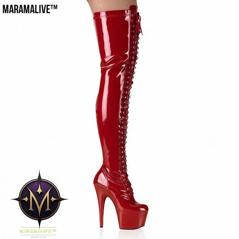 Black Patent Leather Back Lace-up Boots For Women High Heels