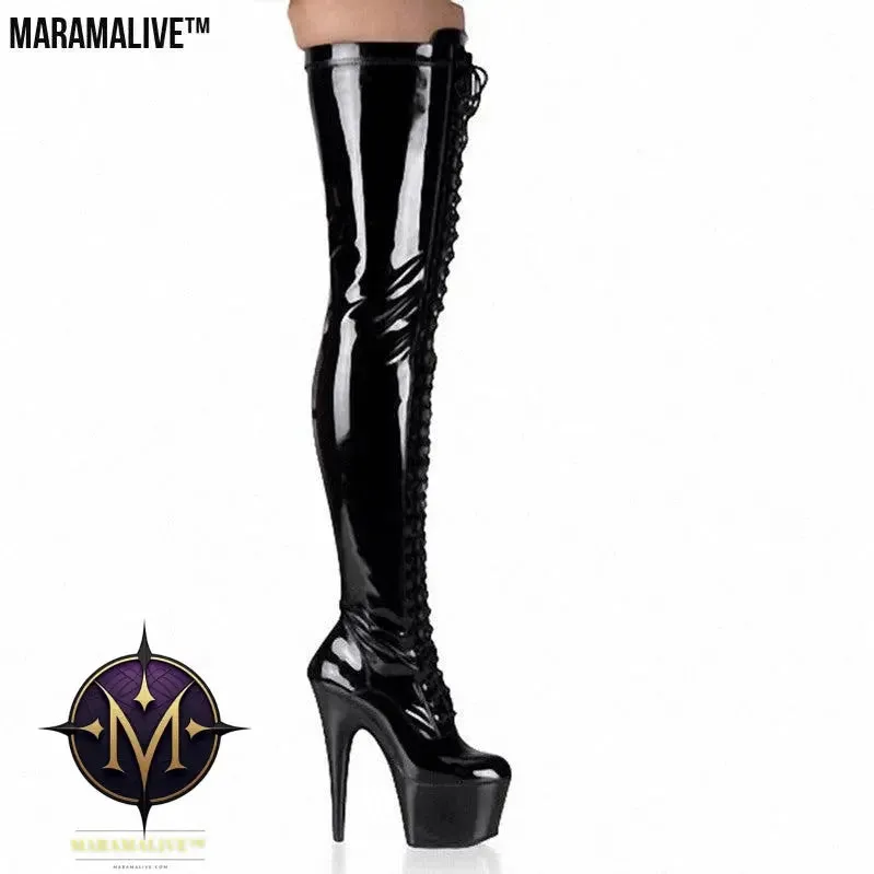 Black Patent Leather Back Lace-up Boots For Women High Heels