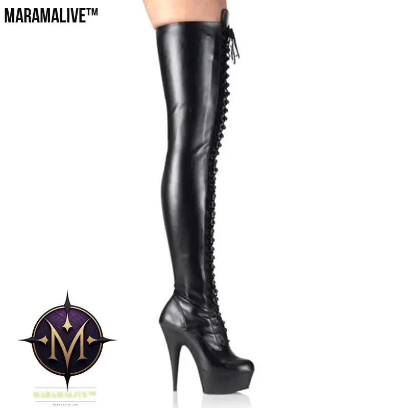 Black Patent Leather Back Lace-up Boots For Women High Heels