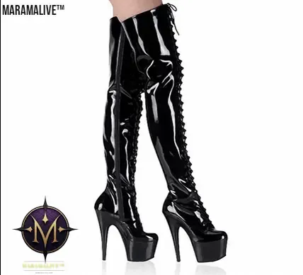 Black Patent Leather Back Lace-up Boots For Women High Heels