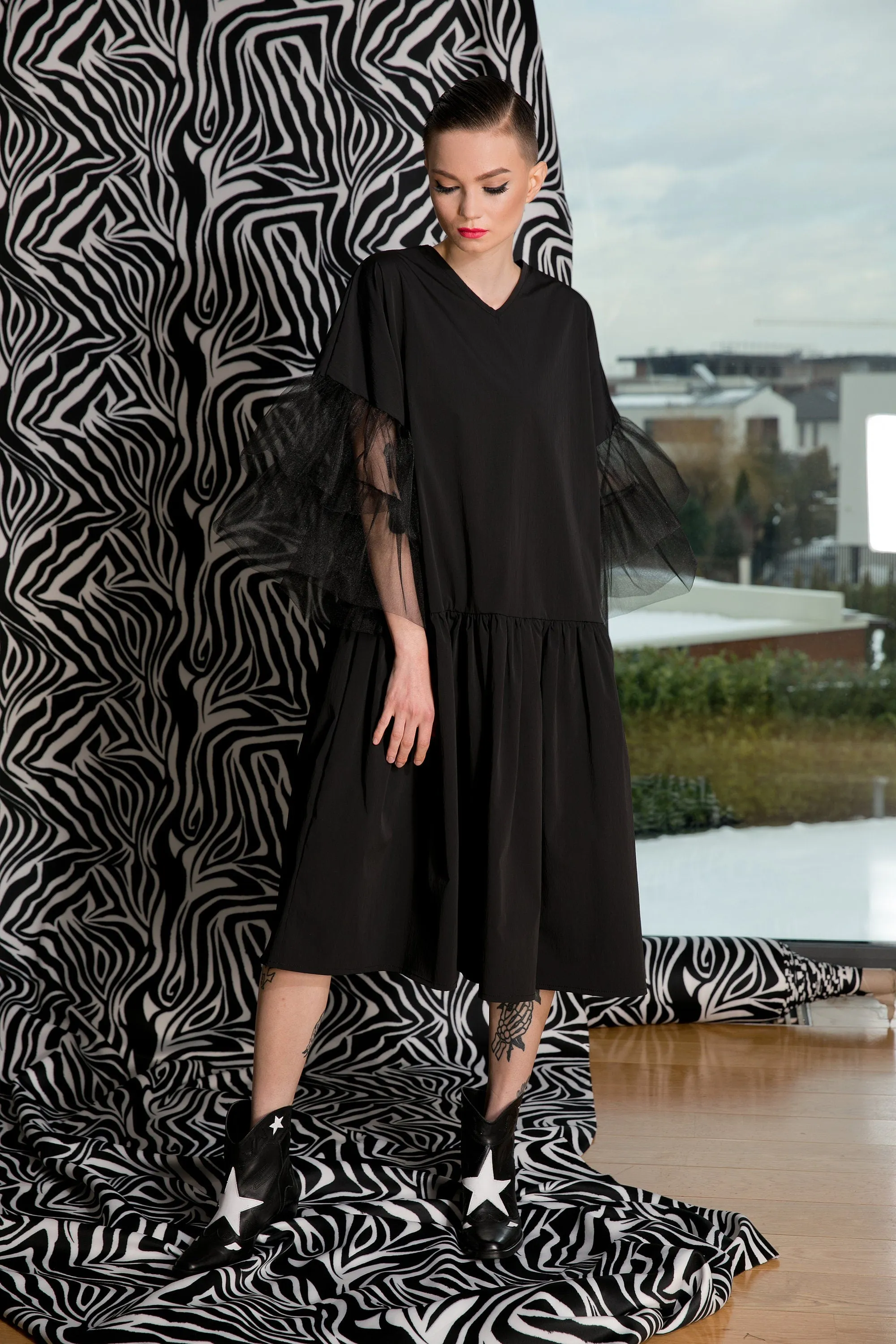Black Ruffle Dress, Black Tulle Dress, Black Gothic Dress, Plus Size Clothing, Dress For Women, Knee Length Dress, Fall Dress, Vampire Dress