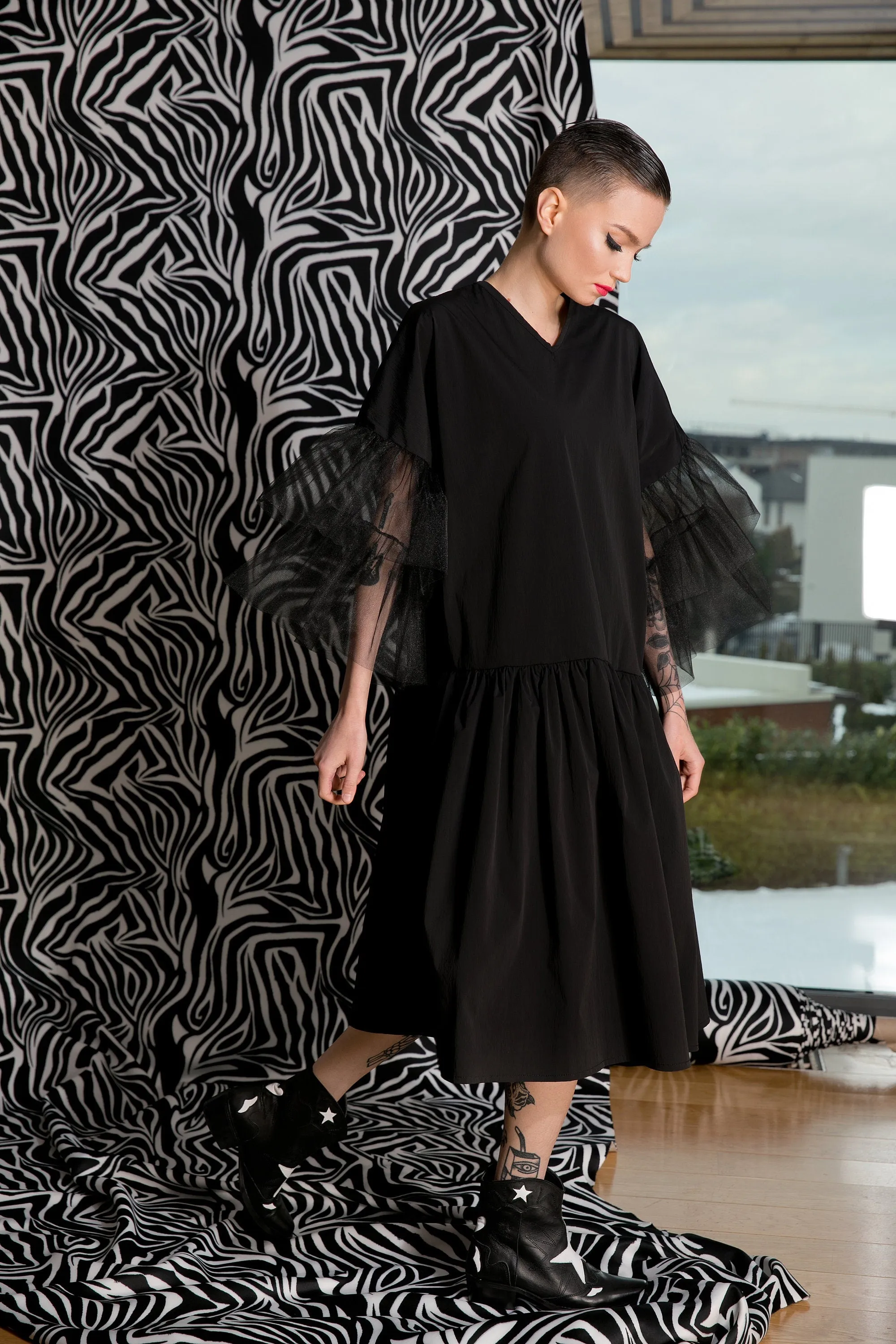 Black Ruffle Dress, Black Tulle Dress, Black Gothic Dress, Plus Size Clothing, Dress For Women, Knee Length Dress, Fall Dress, Vampire Dress