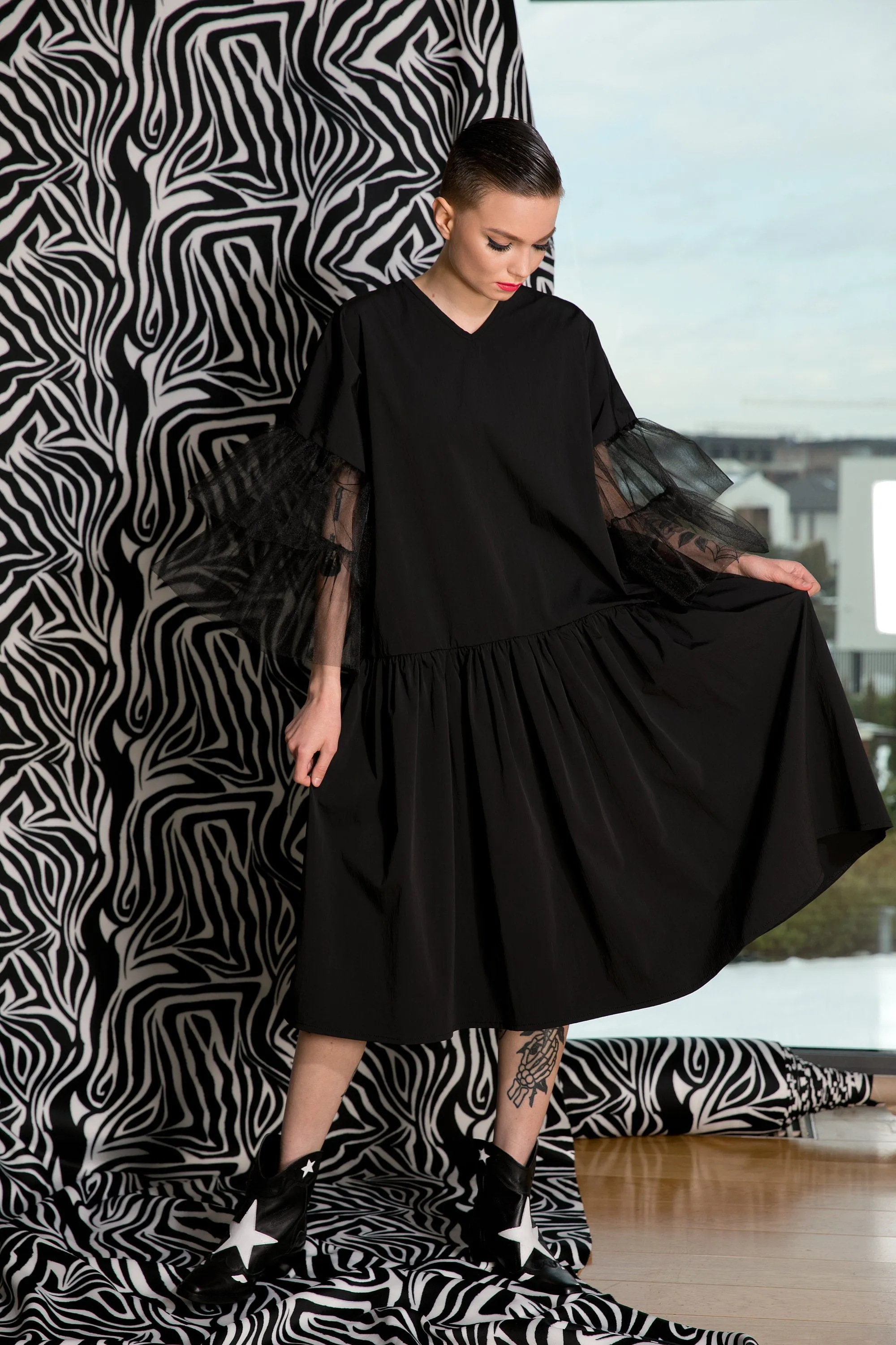Black Ruffle Dress, Black Tulle Dress, Black Gothic Dress, Plus Size Clothing, Dress For Women, Knee Length Dress, Fall Dress, Vampire Dress