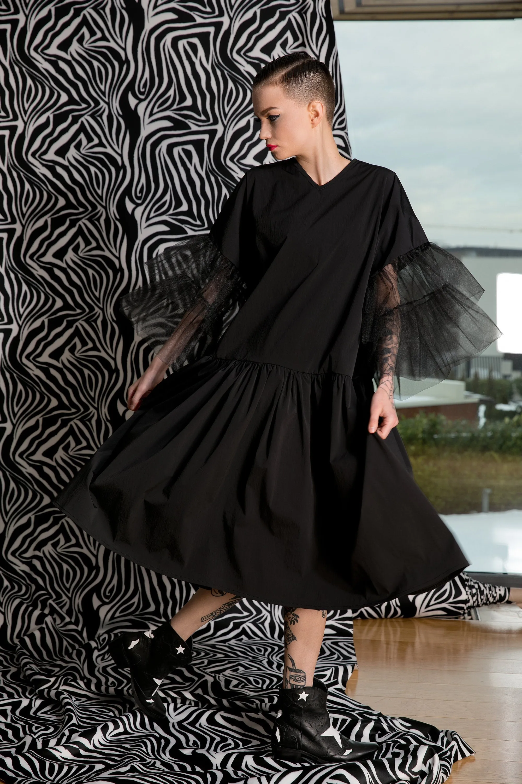 Black Ruffle Dress, Black Tulle Dress, Black Gothic Dress, Plus Size Clothing, Dress For Women, Knee Length Dress, Fall Dress, Vampire Dress