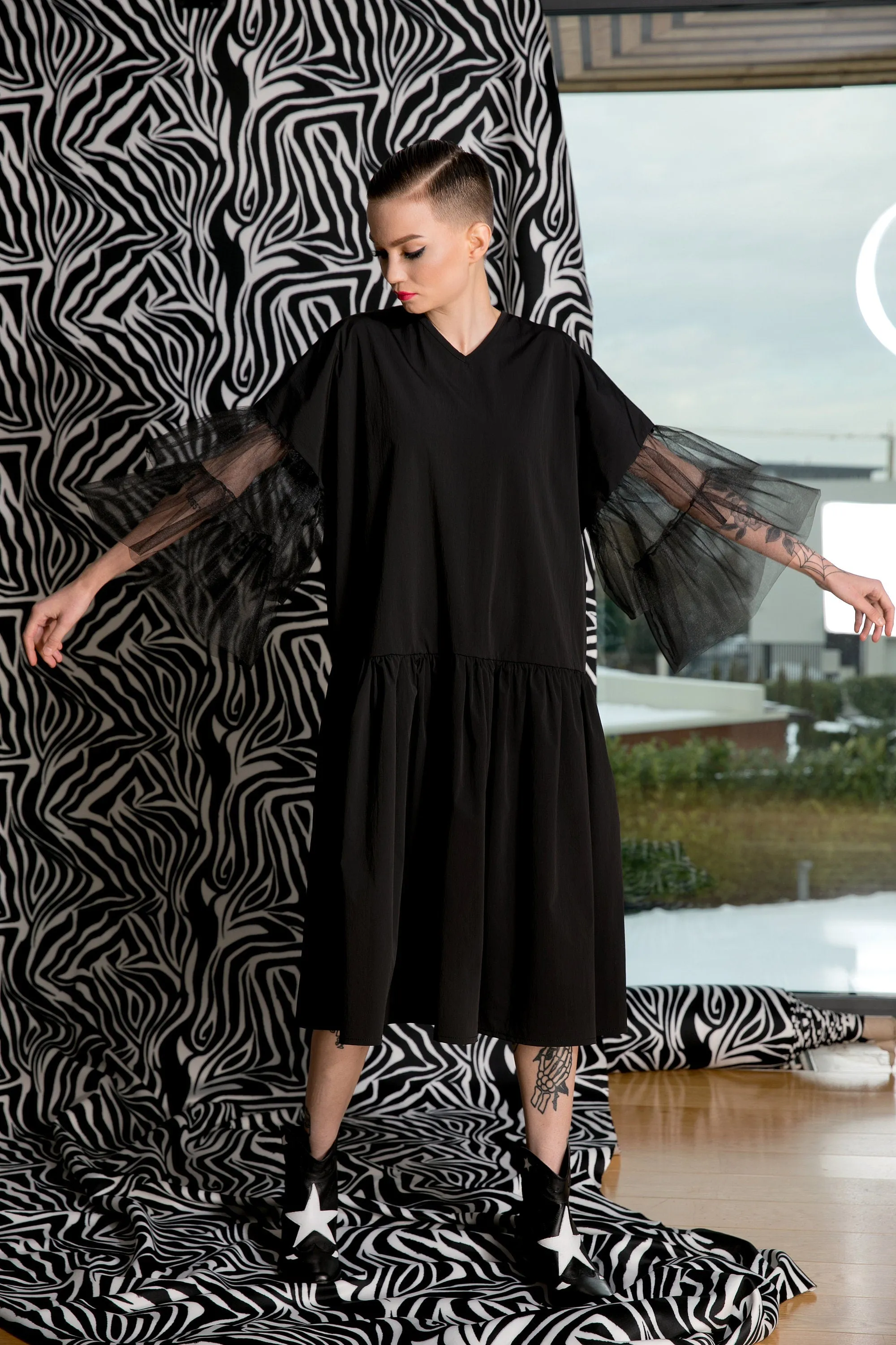 Black Ruffle Dress, Black Tulle Dress, Black Gothic Dress, Plus Size Clothing, Dress For Women, Knee Length Dress, Fall Dress, Vampire Dress