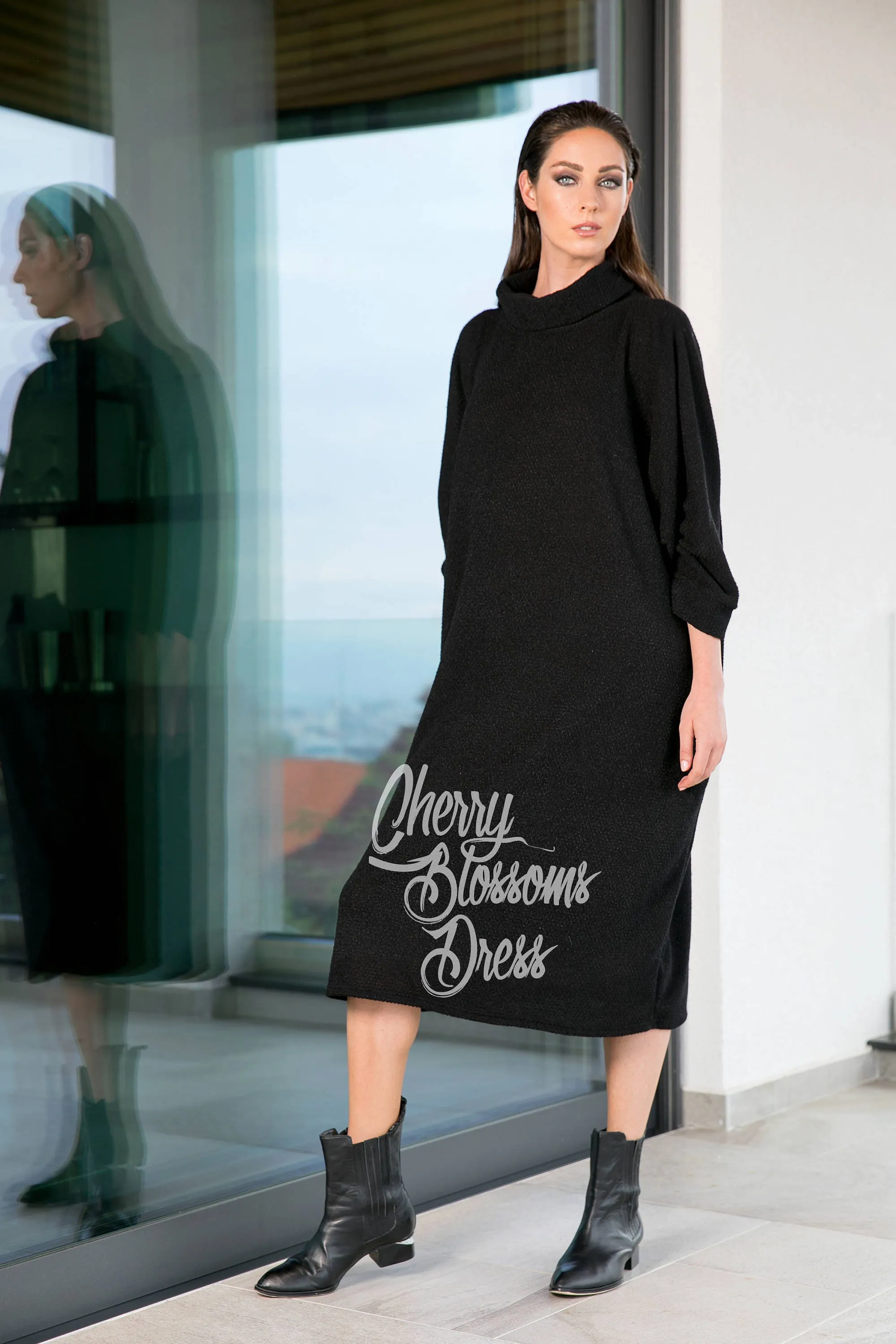 Black Tunic Dress, Sweater Dress, Turtleneck Dress, Plus Size Clothing, Fall Dress, Loose Dress, Winter Dress, Midi Dress, Gothic Clothing