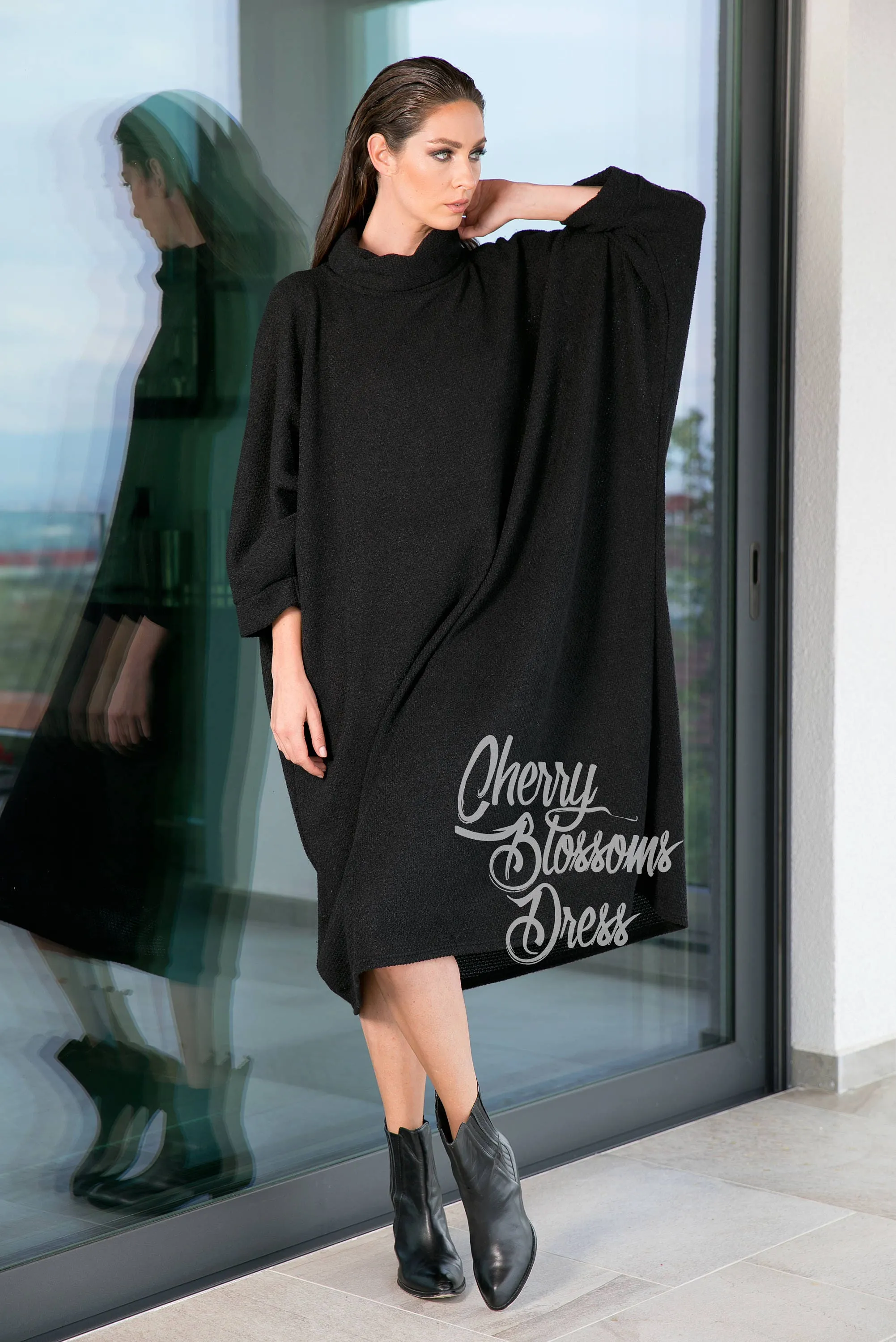 Black Tunic Dress, Sweater Dress, Turtleneck Dress, Plus Size Clothing, Fall Dress, Loose Dress, Winter Dress, Midi Dress, Gothic Clothing