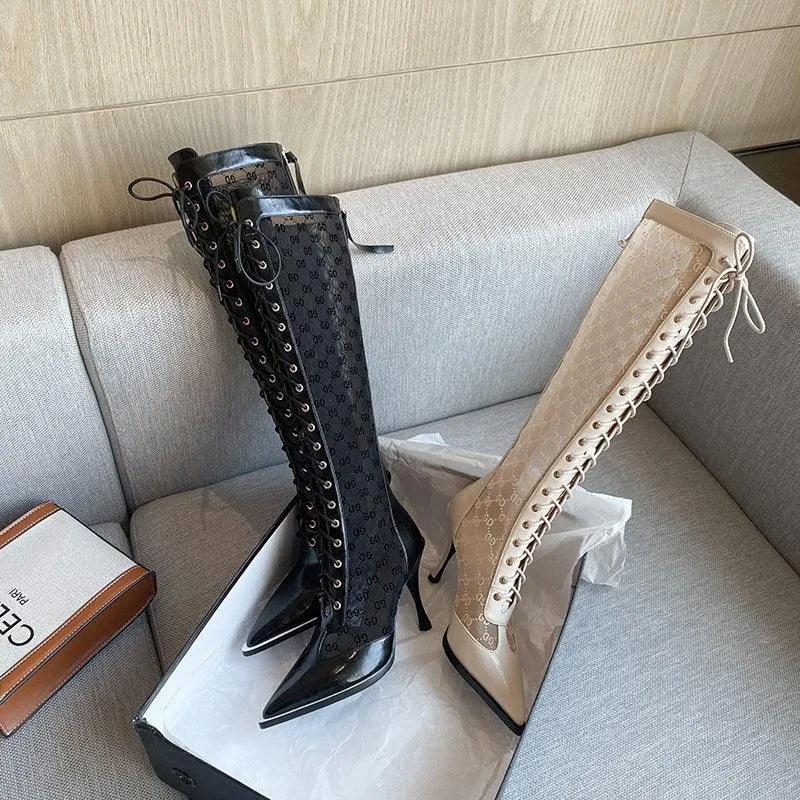 Boots white hollow mesh mesh high-heeled boots