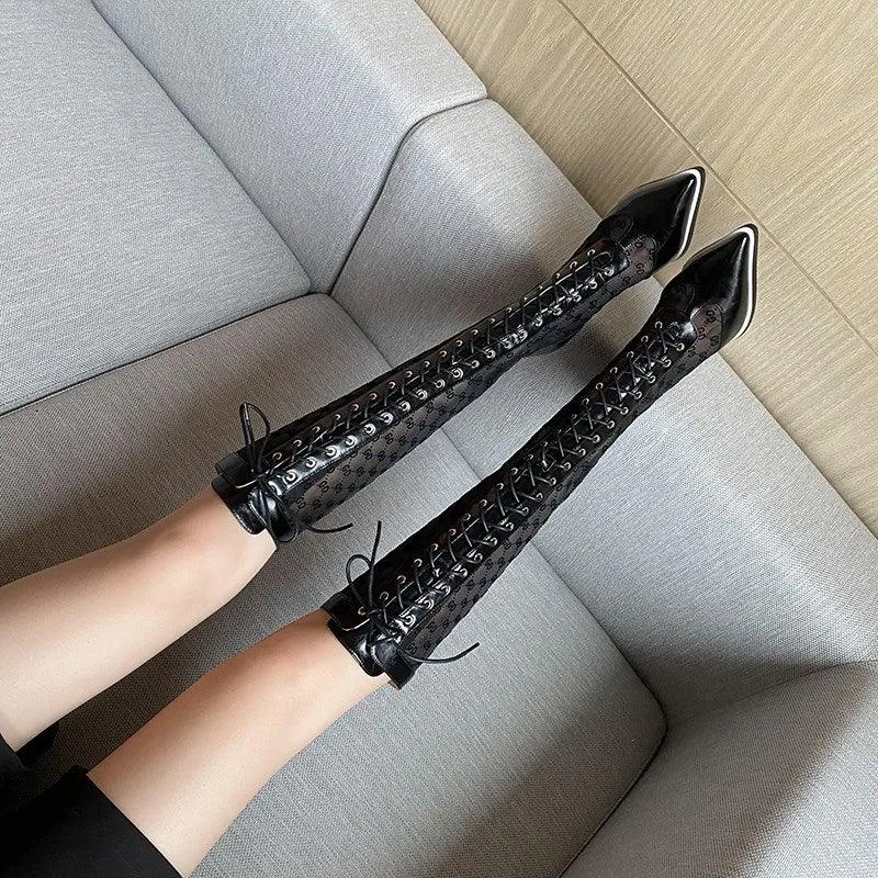 Boots white hollow mesh mesh high-heeled boots