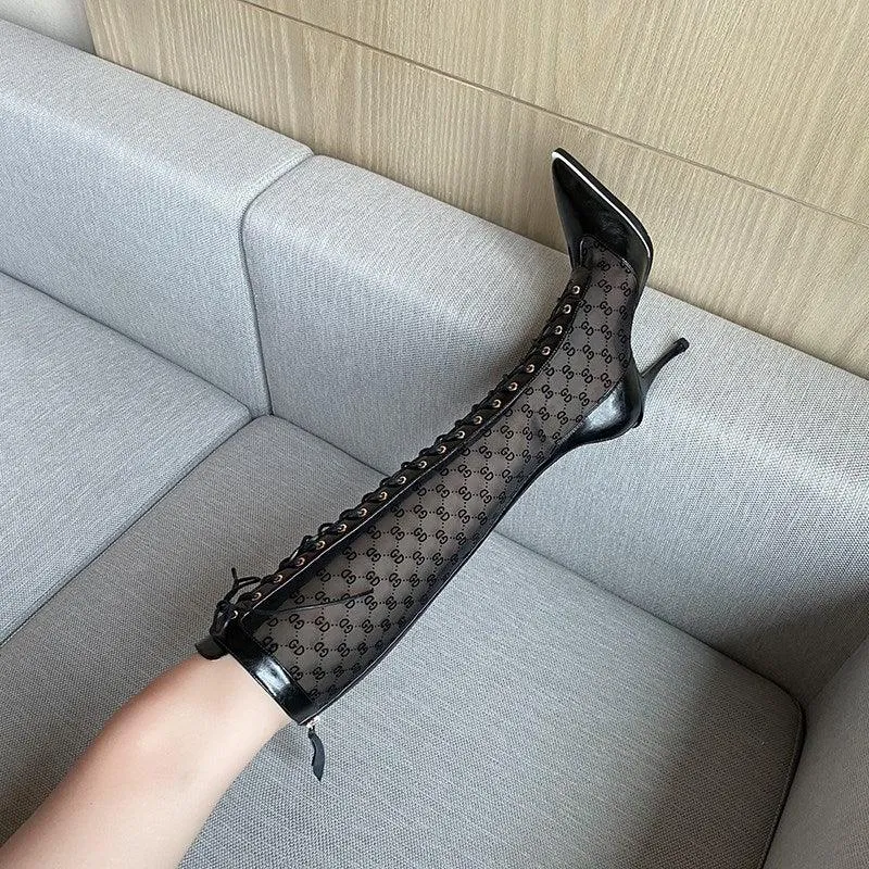 Boots white hollow mesh mesh high-heeled boots