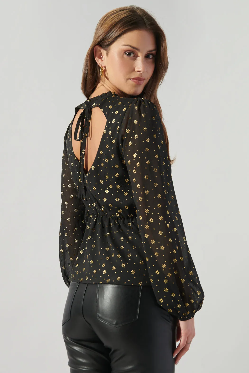 Chandra Gold Floral Back Cutout Peplum Top