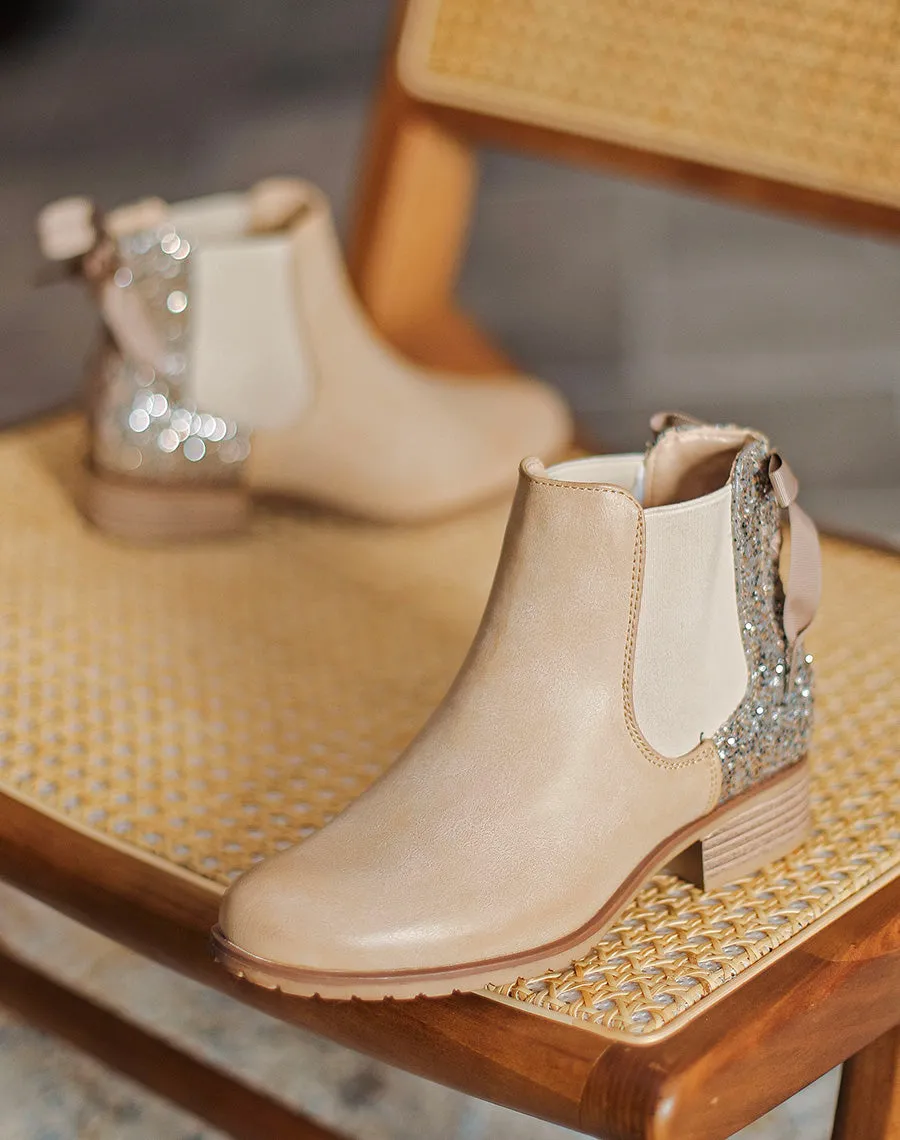 Chelsea boots basses taupe à paillettes et noeud