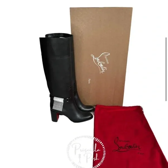 Christian Louboutin Black Lock 70 Leather Knee-high Boots Tall Block heel 39.5
