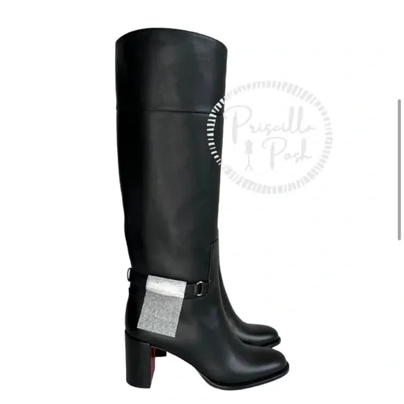 Christian Louboutin Black Lock 70 Leather Knee-high Boots Tall Block heel 39.5