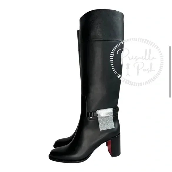 Christian Louboutin Black Lock 70 Leather Knee-high Boots Tall Block heel 39.5