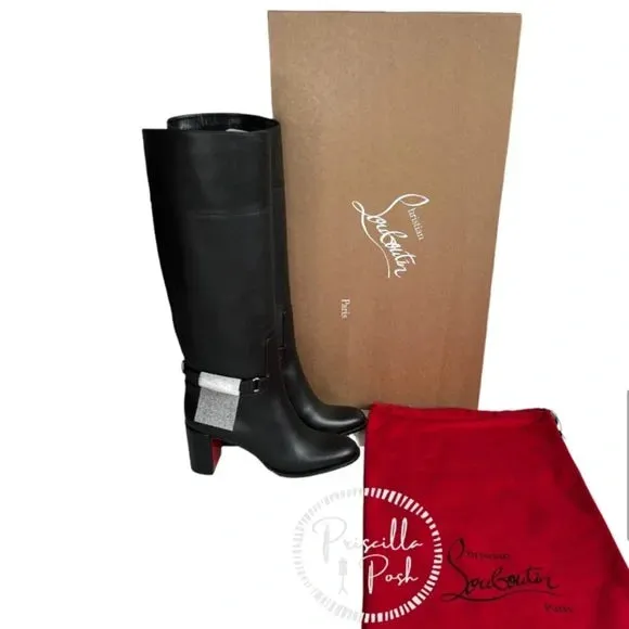 Christian Louboutin Black Lock 70 Leather Knee-high Boots Tall Block heel 39.5