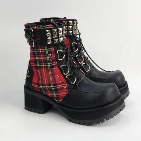 Classic Black Red Plaids Rivet Gothic Punk Rock Lace-up Lolita Ankle Boots  Chunky Heels Thick Platform Punk Lolita Cosplay Boot
