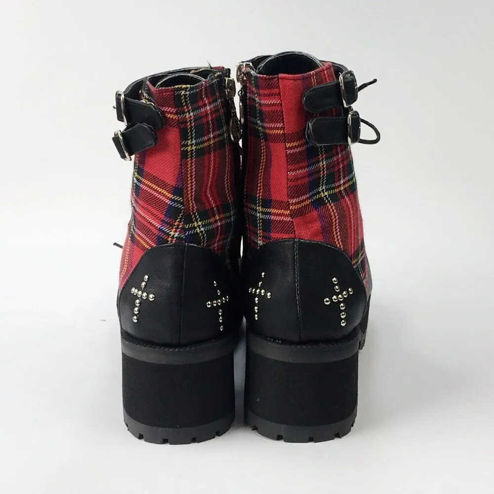 Classic Black Red Plaids Rivet Gothic Punk Rock Lace-up Lolita Ankle Boots  Chunky Heels Thick Platform Punk Lolita Cosplay Boot