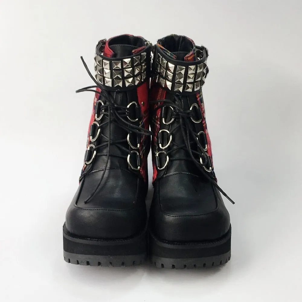 Classic Black Red Plaids Rivet Gothic Punk Rock Lace-up Lolita Ankle Boots  Chunky Heels Thick Platform Punk Lolita Cosplay Boot