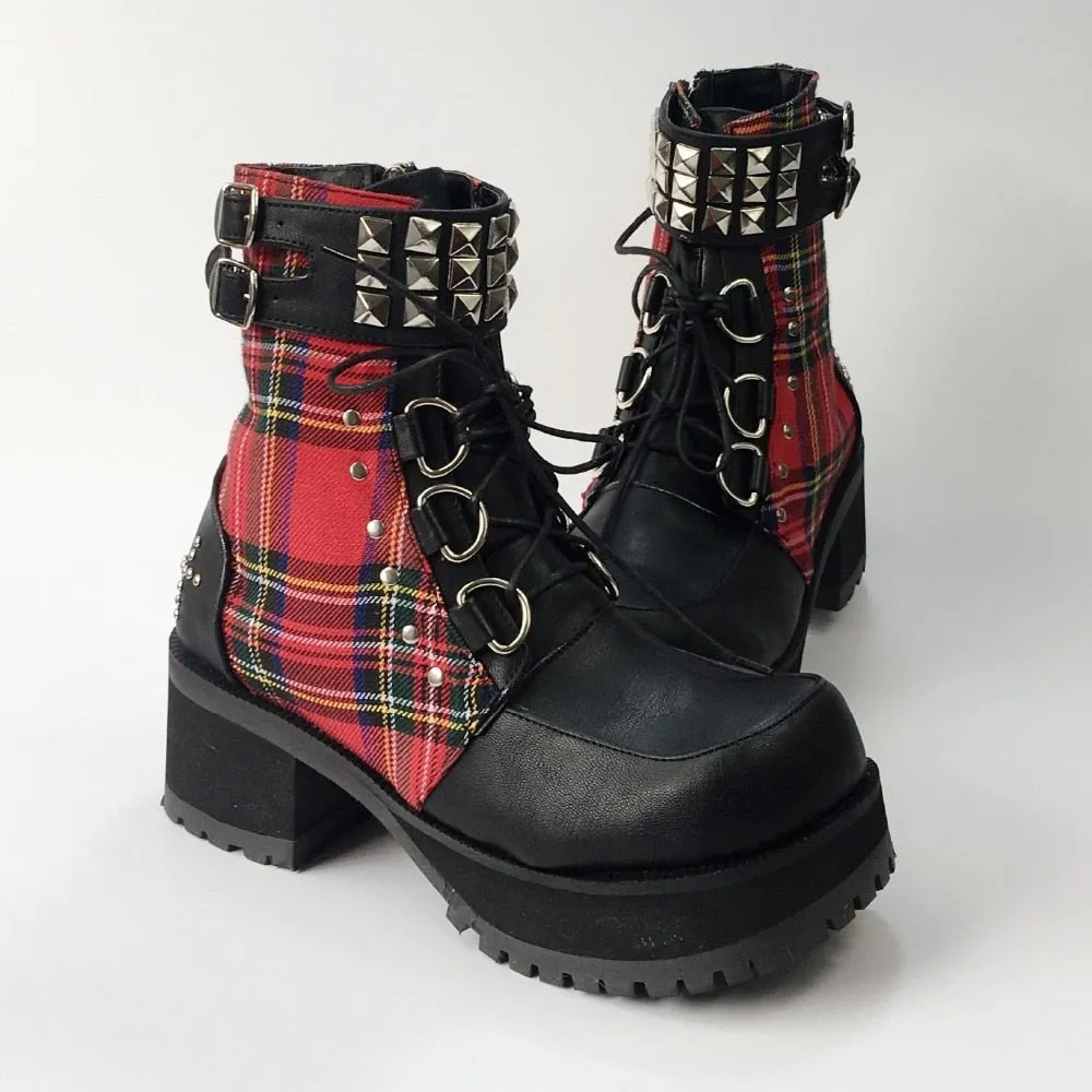 Classic Black Red Plaids Rivet Gothic Punk Rock Lace-up Lolita Ankle Boots  Chunky Heels Thick Platform Punk Lolita Cosplay Boot