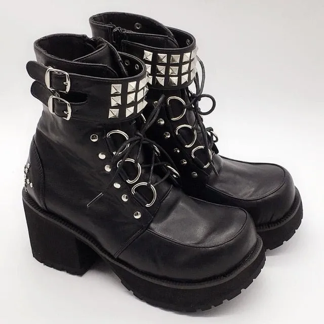 Classic Black Red Plaids Rivet Gothic Punk Rock Lace-up Lolita Ankle Boots  Chunky Heels Thick Platform Punk Lolita Cosplay Boot