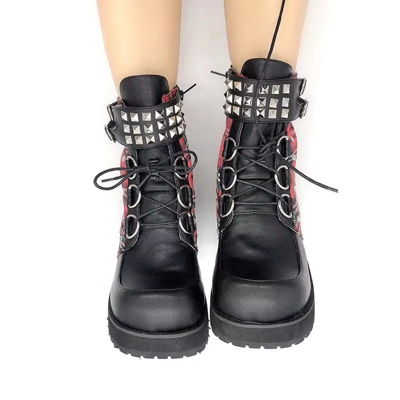 Classic Black Red Plaids Rivet Gothic Punk Rock Lace-up Lolita Ankle Boots  Chunky Heels Thick Platform Punk Lolita Cosplay Boot