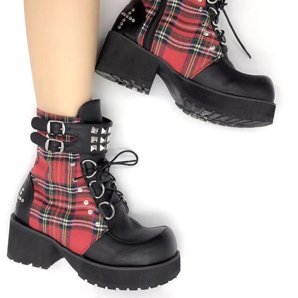 Classic Black Red Plaids Rivet Gothic Punk Rock Lace-up Lolita Ankle Boots  Chunky Heels Thick Platform Punk Lolita Cosplay Boot