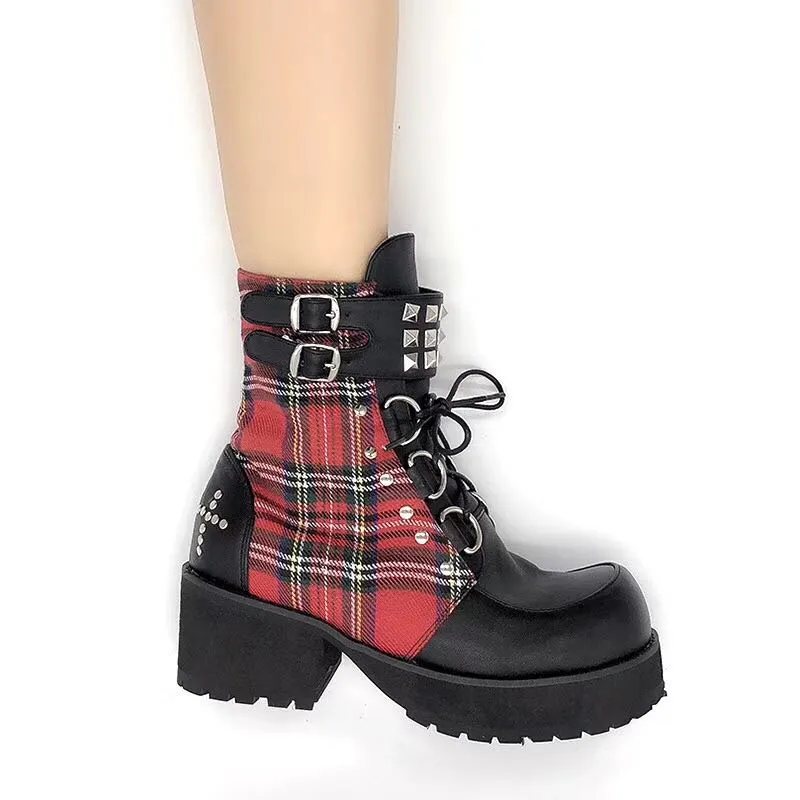 Classic Black Red Plaids Rivet Gothic Punk Rock Lace-up Lolita Ankle Boots  Chunky Heels Thick Platform Punk Lolita Cosplay Boot