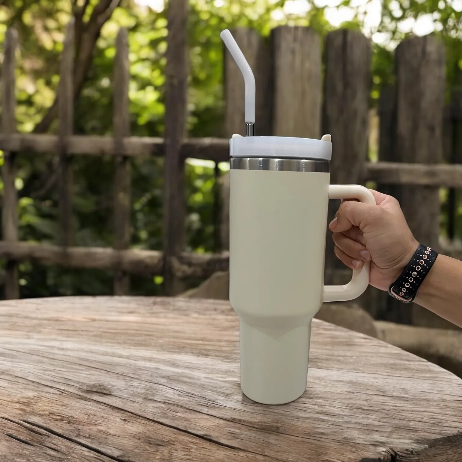 CLINK - [Personalised] 1.2L Stainless Steel Tumbler with Handle Straw & Lid - Ivory Mist Color