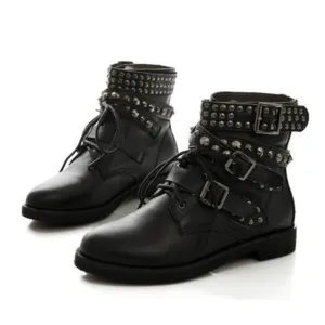 COSMAGIC 2017 New Leather Rivet Buckle Women Martin Boots Winter Lace Up Gothic Punk Round Toe Platform Motorcycle Boots Shoes