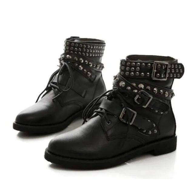 COSMAGIC 2017 New Leather Rivet Buckle Women Martin Boots Winter Lace Up Gothic Punk Round Toe Platform Motorcycle Boots Shoes