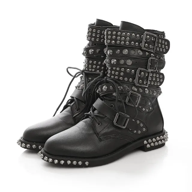 COSMAGIC 2017 New Leather Rivet Buckle Women Martin Boots Winter Lace Up Gothic Punk Round Toe Platform Motorcycle Boots Shoes