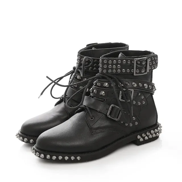 COSMAGIC 2017 New Leather Rivet Buckle Women Martin Boots Winter Lace Up Gothic Punk Round Toe Platform Motorcycle Boots Shoes