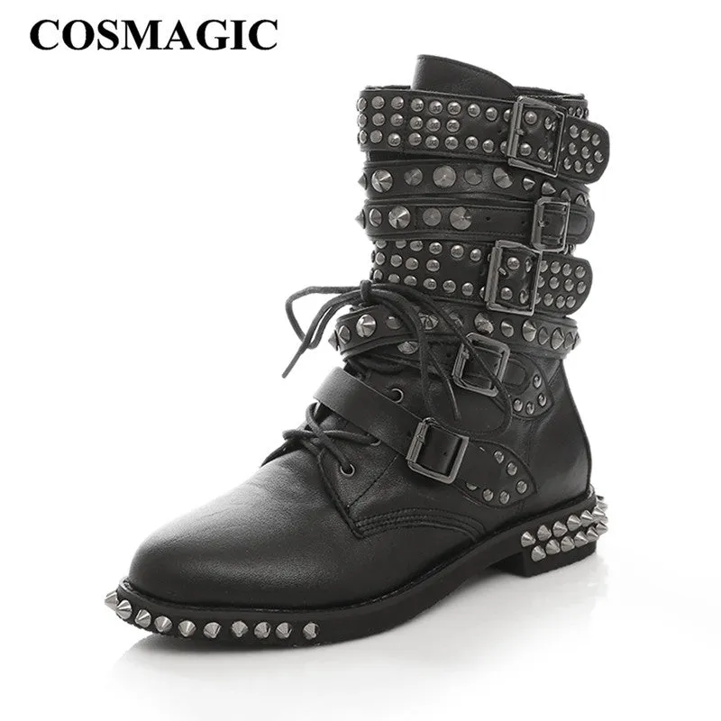 COSMAGIC 2017 New Leather Rivet Buckle Women Martin Boots Winter Lace Up Gothic Punk Round Toe Platform Motorcycle Boots Shoes