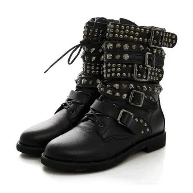 COSMAGIC 2017 New Leather Rivet Buckle Women Martin Boots Winter Lace Up Gothic Punk Round Toe Platform Motorcycle Boots Shoes