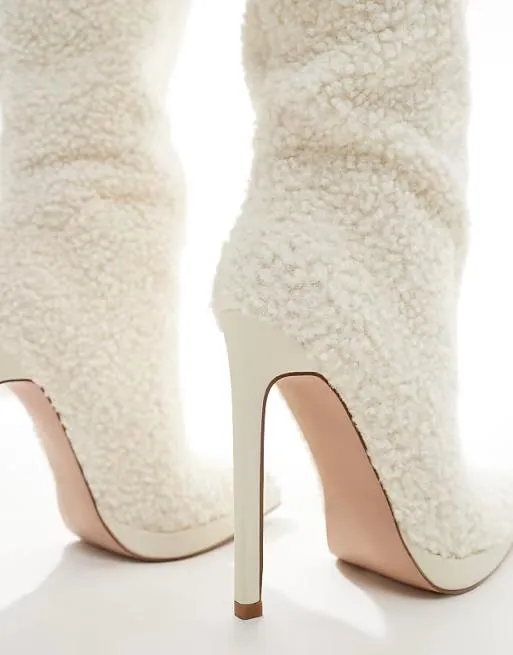 Cream Heeled Knee-High Boots