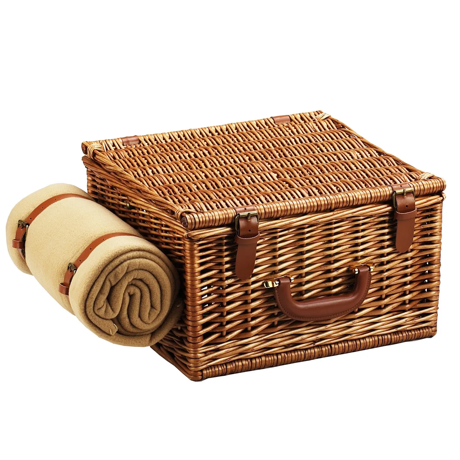 (D) Cheshire Basket for 2, Coffee Set and Blanket, Picnic Backpack Bag (Green)