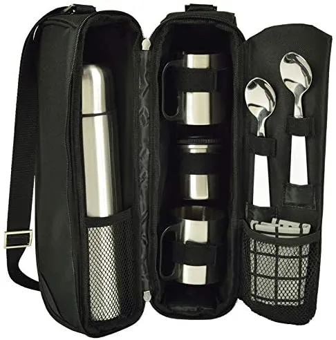(D) Coffee and Tea Black Tote with Vacuum Flask for Picnic and Outdoor Charcoal